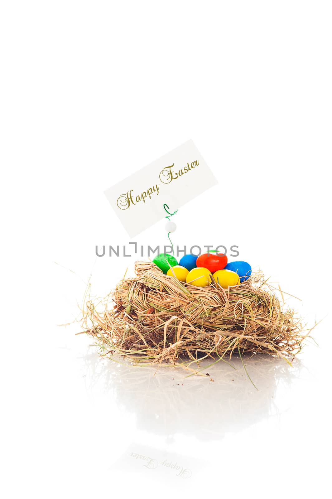 A nest with easter eggs and a label with happy esater on white background as a studio shot