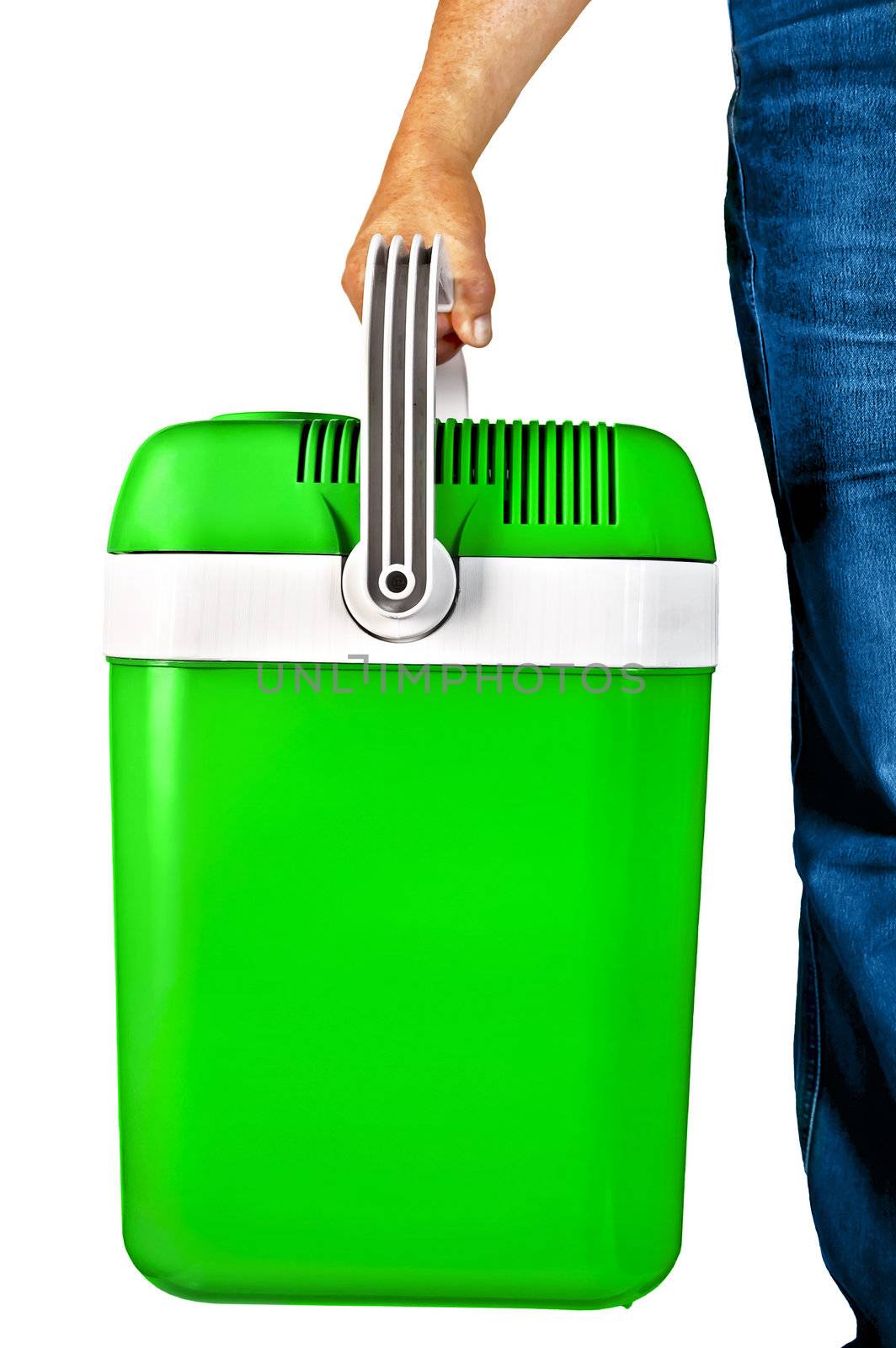 Green a small portable cooler for travel in the hands of a man isolated on white background