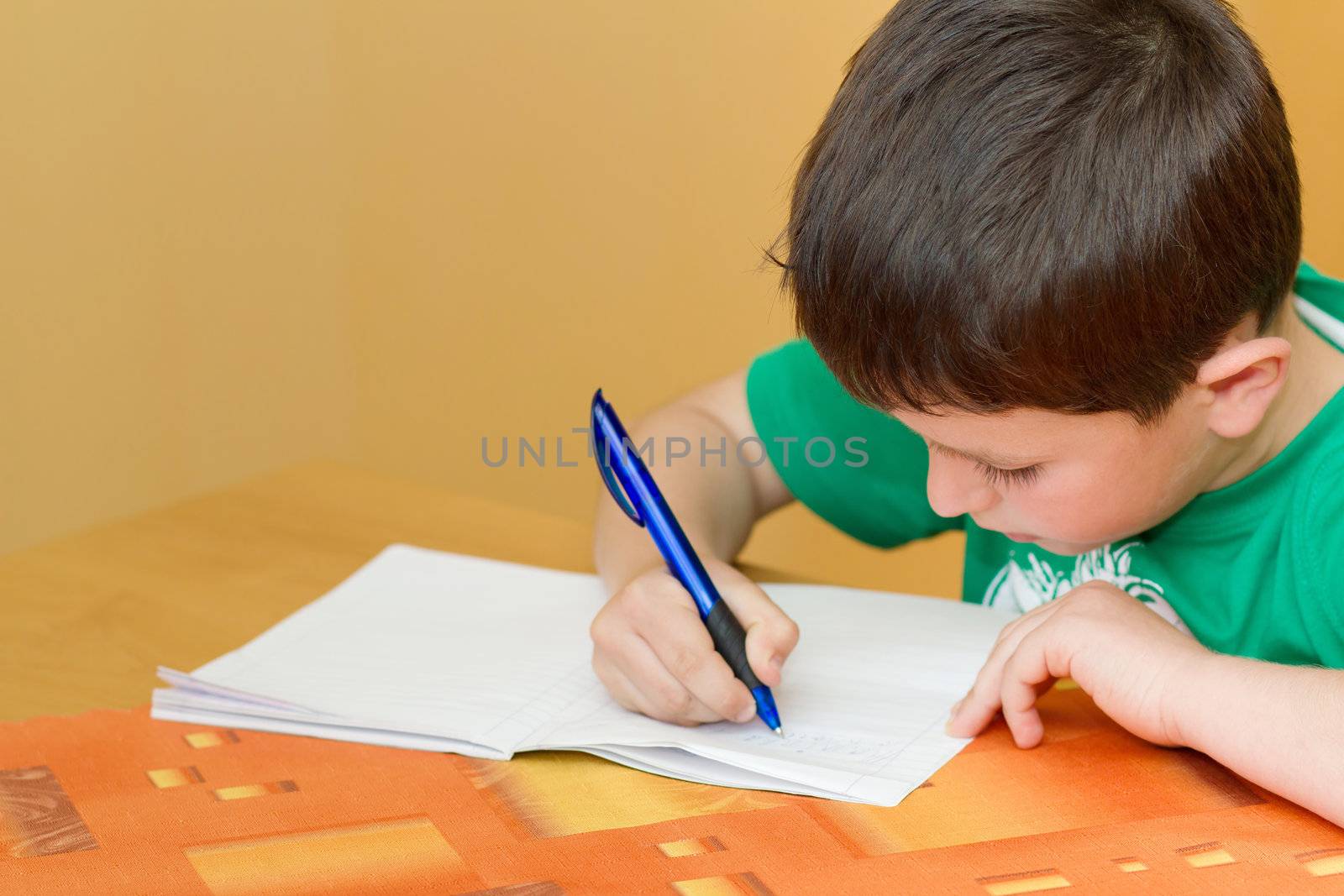 school boy writting homework in workbook by artush