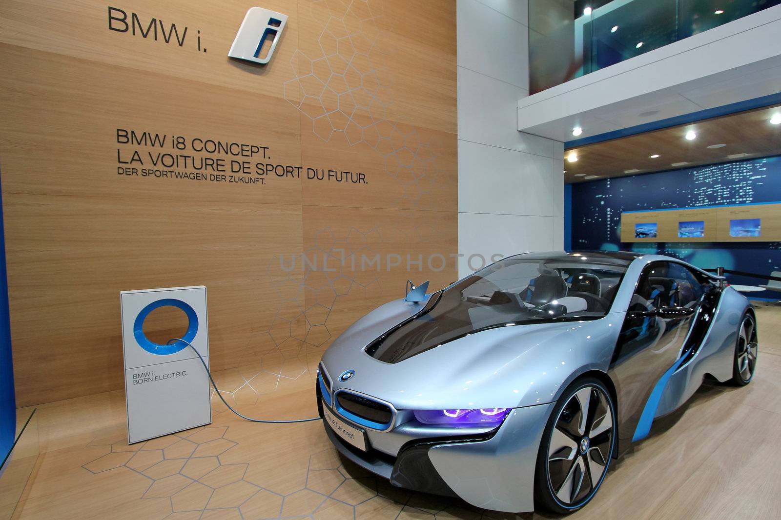 GENEVA - MARCH 16 : Blue BMW i8 concept on display at the 82st International Motor Show Palexpo -Geneva on March 16; 2012 in Geneva, Switzerland.
