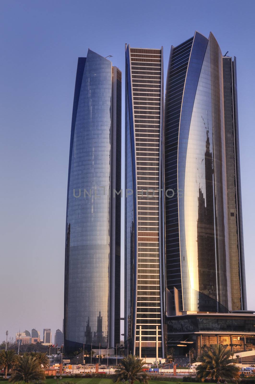 Skyscrapers in Abu Dhabi at dusk, United Arab Emirates