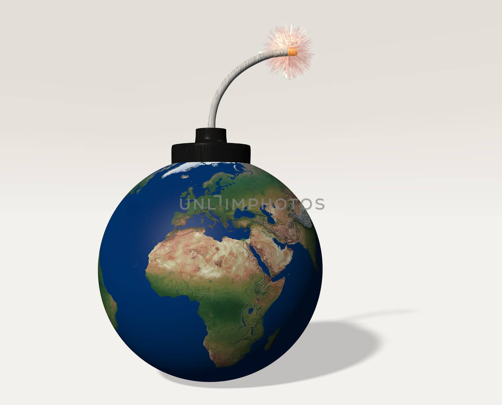 The world  is represented as a bomb with a lit fuse and has in foreground europe and africa