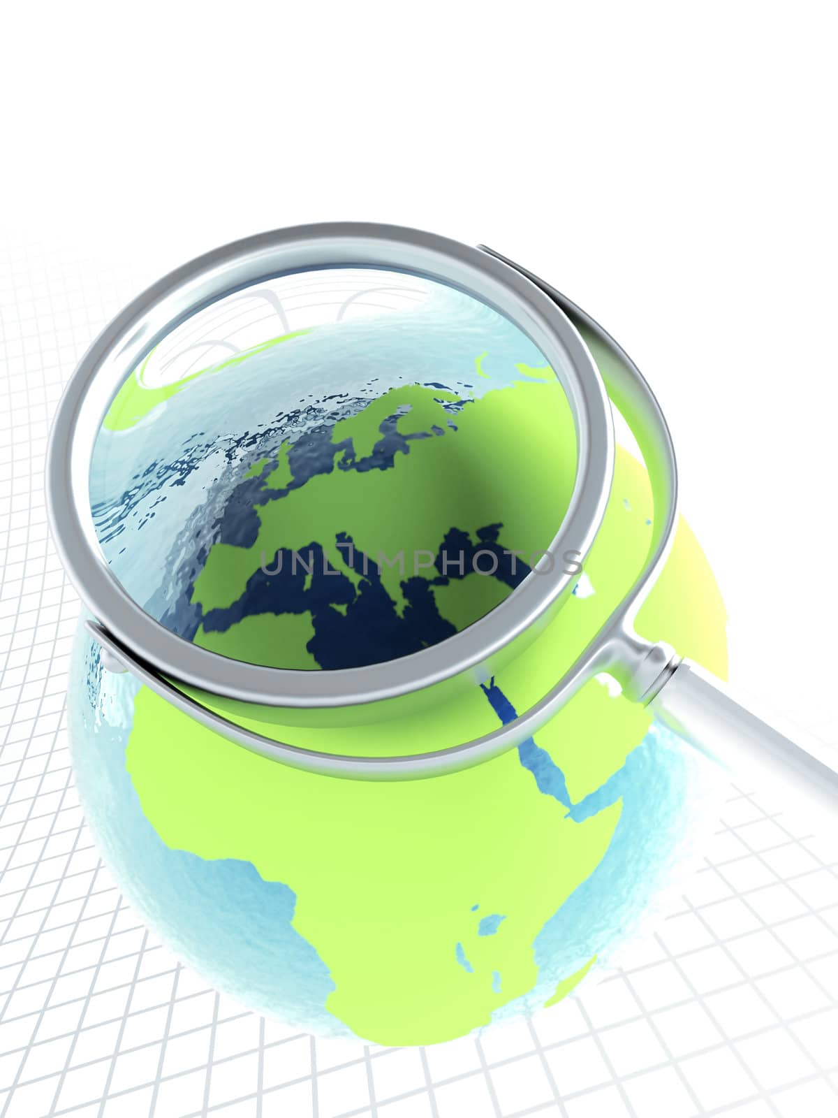 Magnifier and earth sphere on a light background