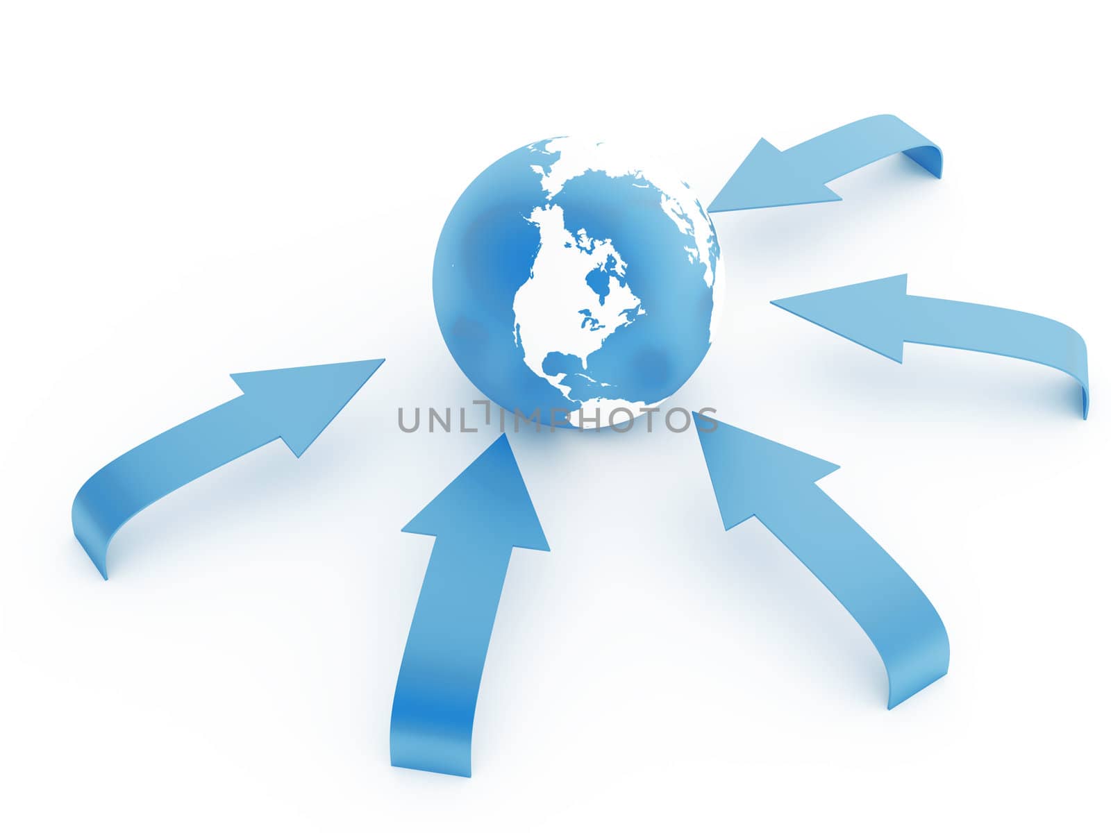 earth in an environment of blue arrows on a white background