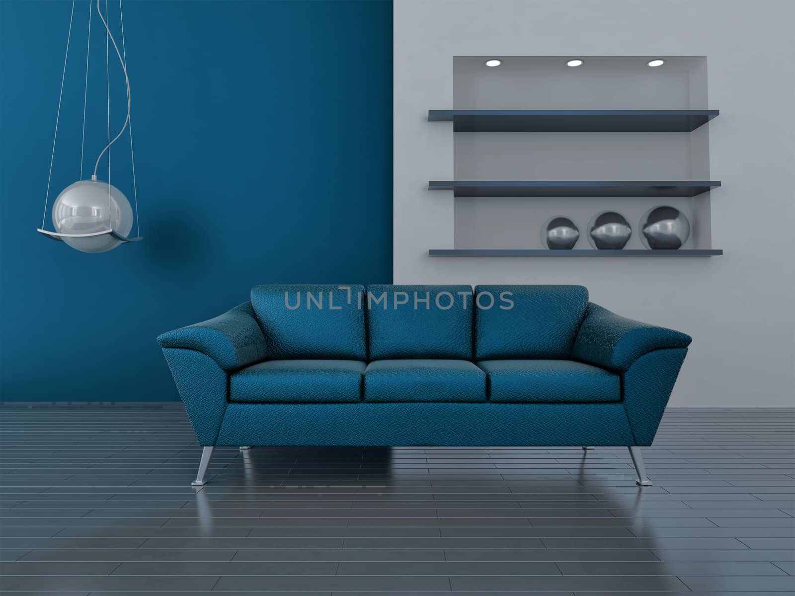 interior in blue tones with a sofa and lamp