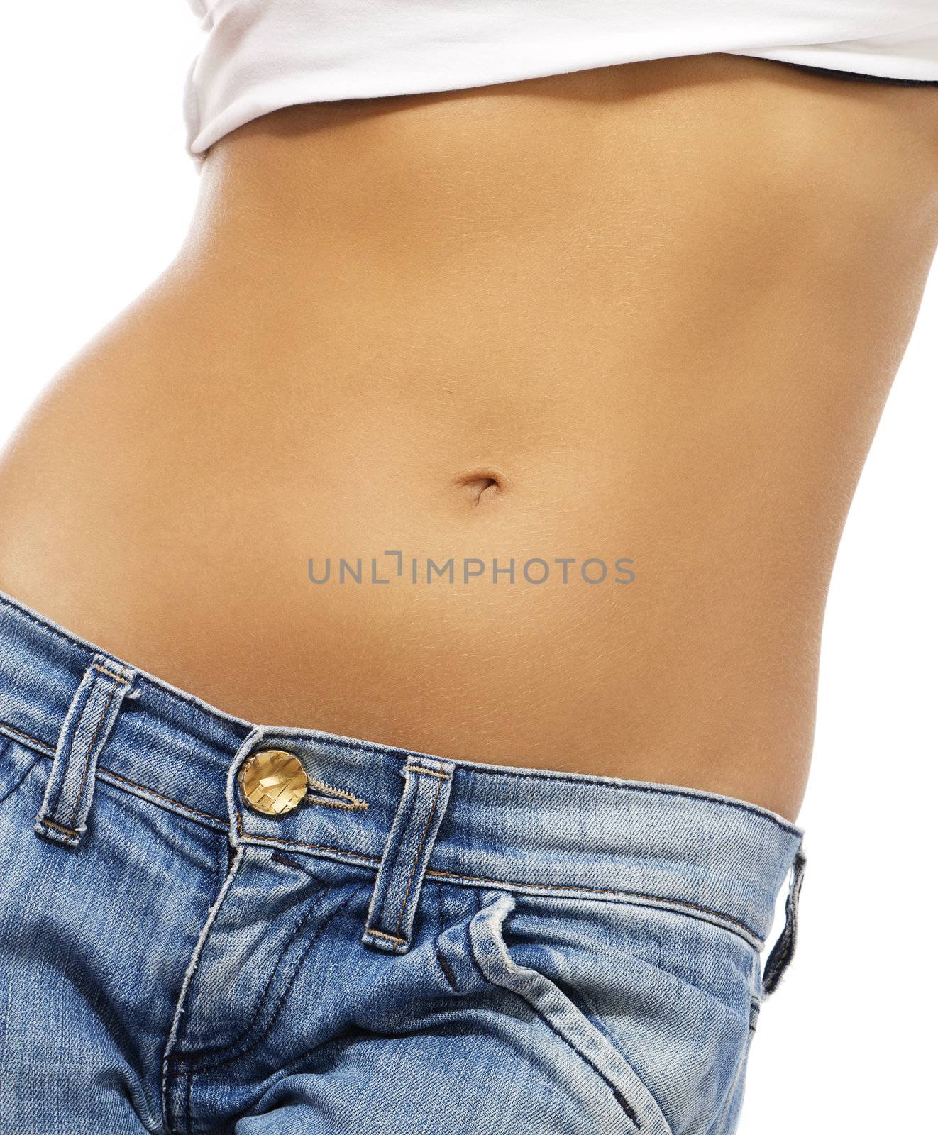 belly of a beautiful woman on white background