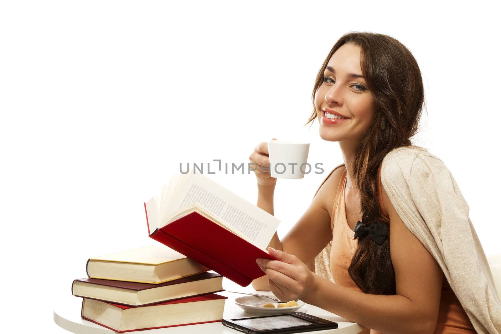 happy woman with books, coffee and ebook on white background