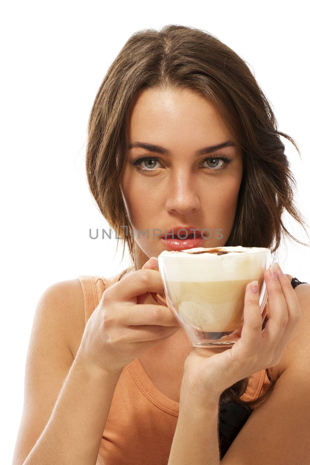 young beautiful woman holding cappuccino coffee on white background