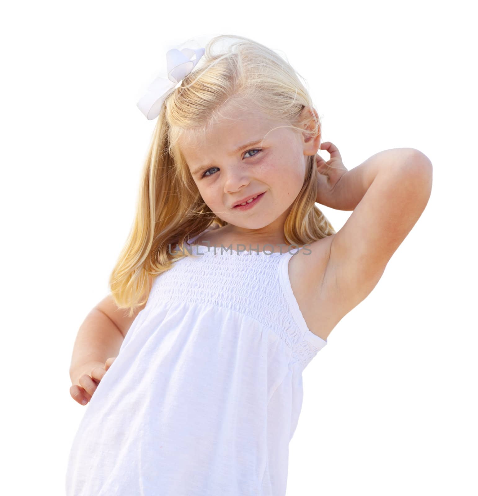 Adorable Little Blonde Girl Having Portrait Isolated on a White Background.