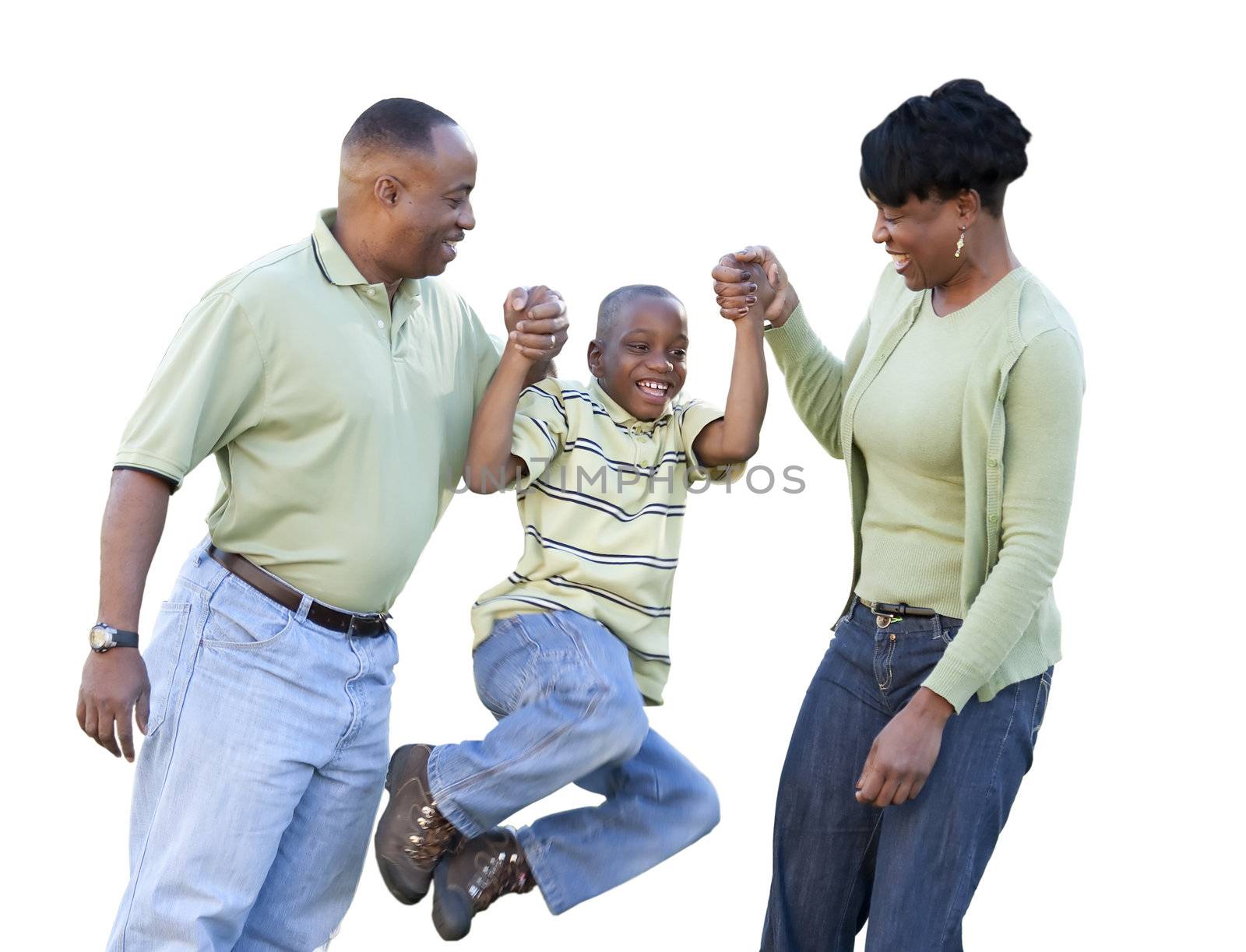 Playful African American Man, Woman and Child Isolated on a White Background.