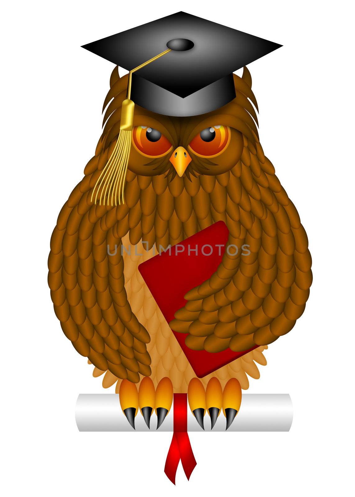 Wise Old Owl with Feathers and Claws Wearing Graduation Cap Holding Diploma BookIllustration Isolated on White Background