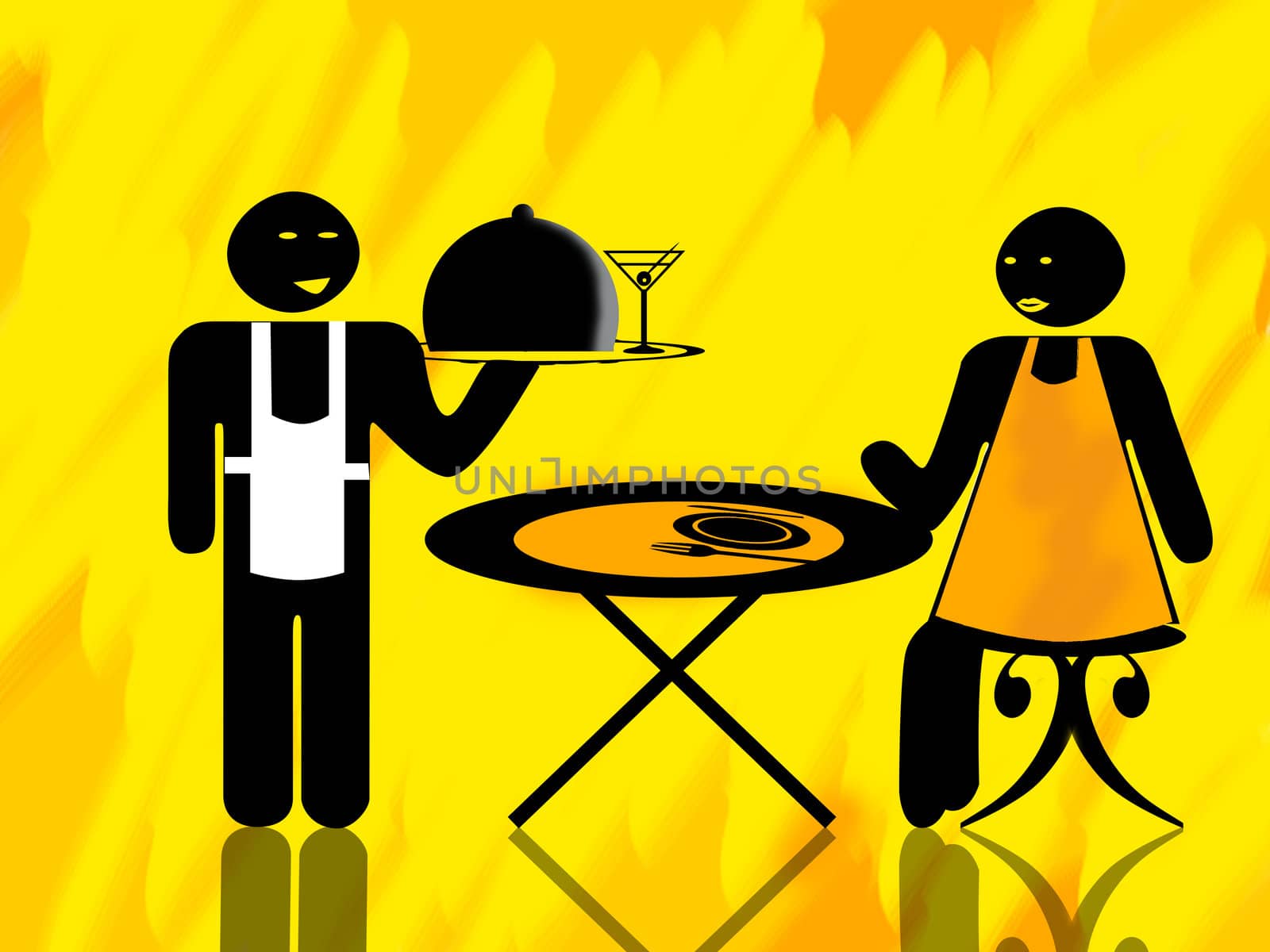 Waiter and woman client waiting at a table illustration