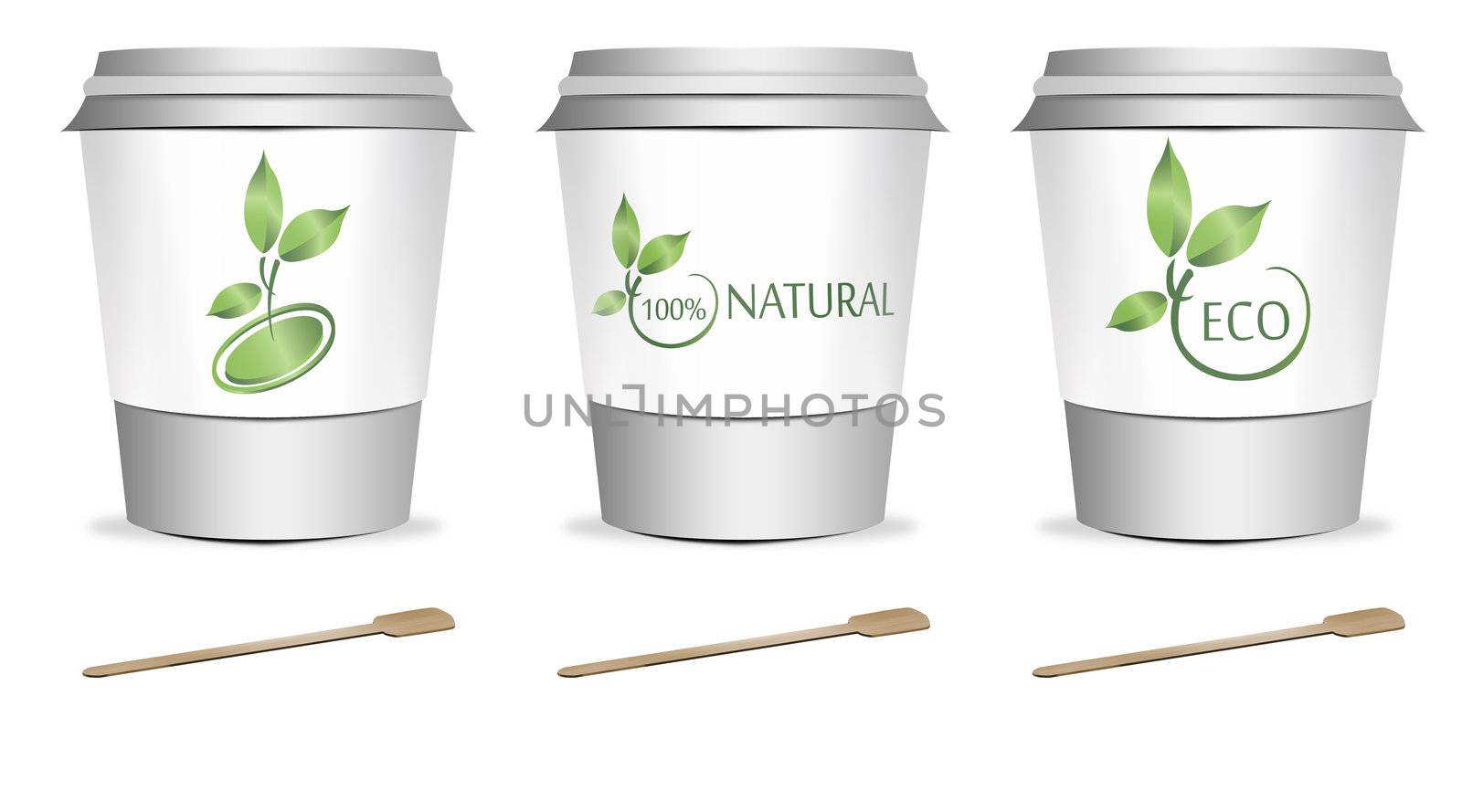 3 plastic coffee or tea cups with stirrers over white background