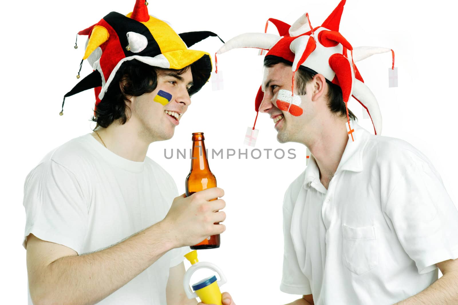 Two football fans with beer shooting in studio