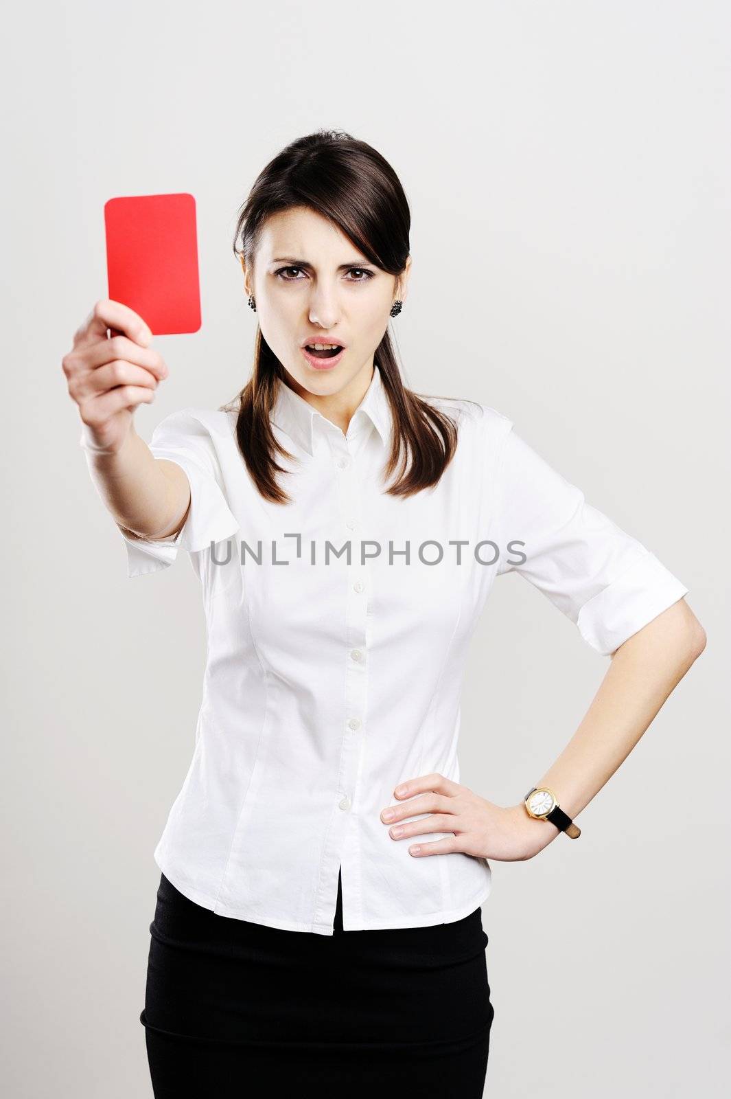 An image of young beautiful woman showing red card