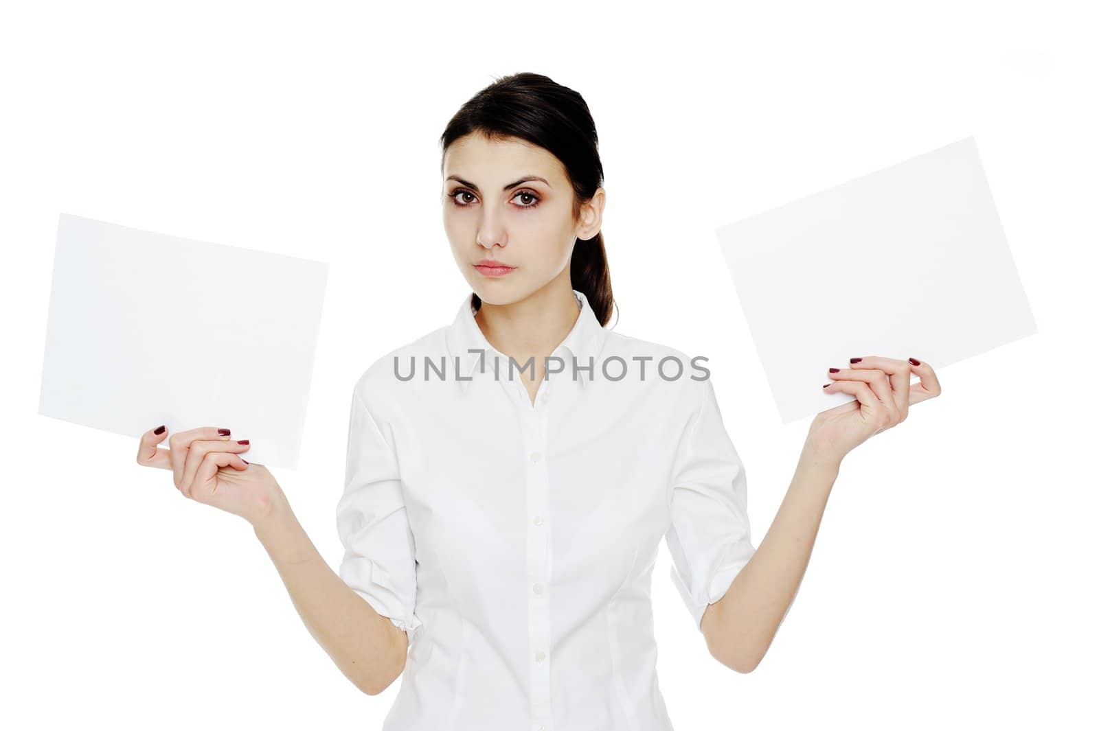 An image of young businesswoman holding sheets