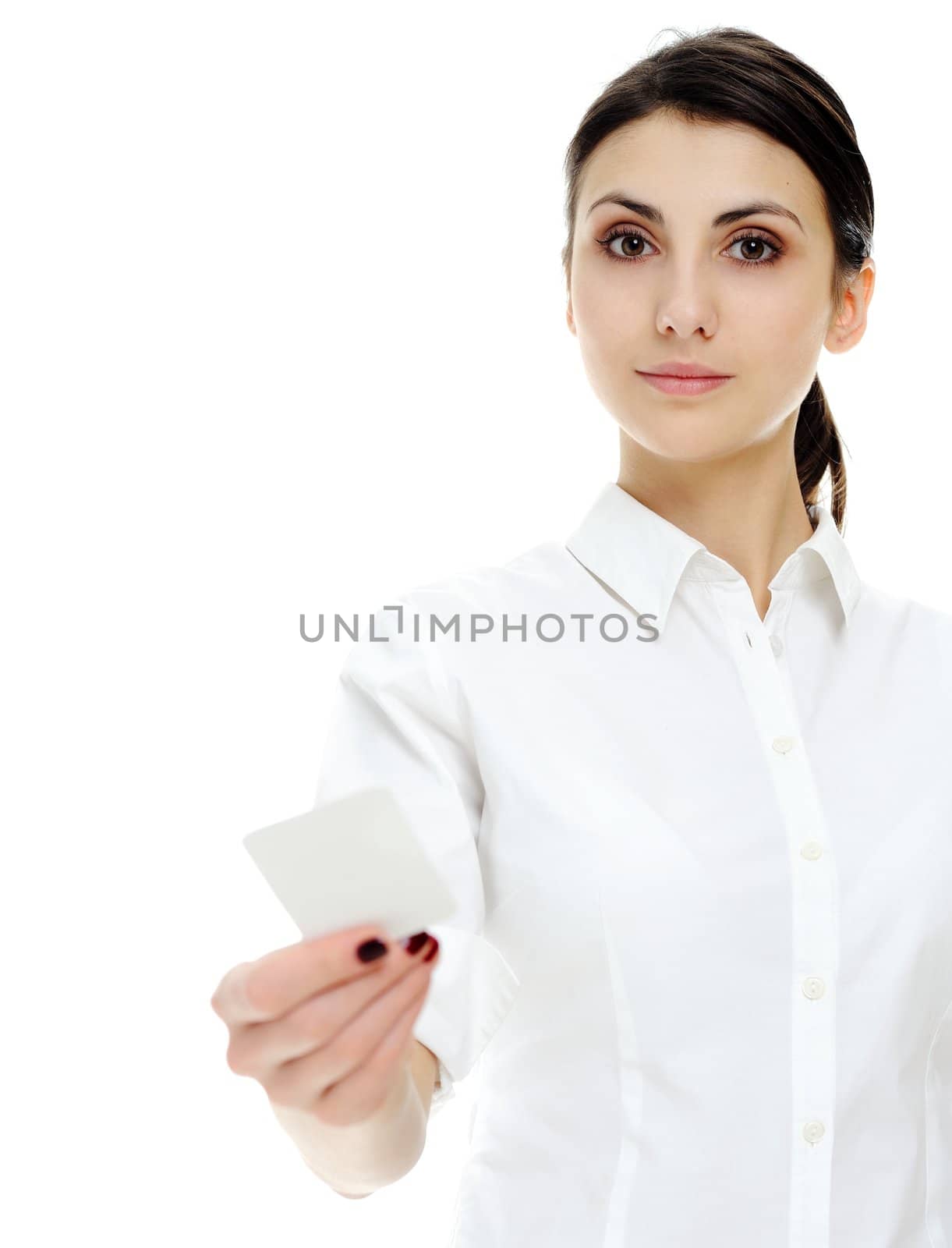 An image of young businesswoman holding blank businesscard in hand