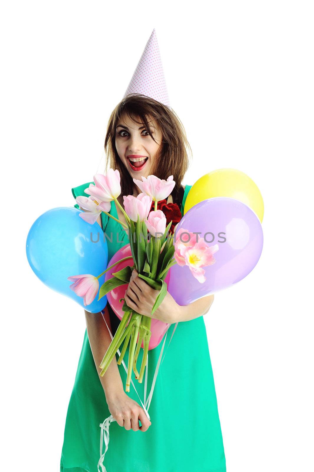 A young beautiful woman with flowers and balloons