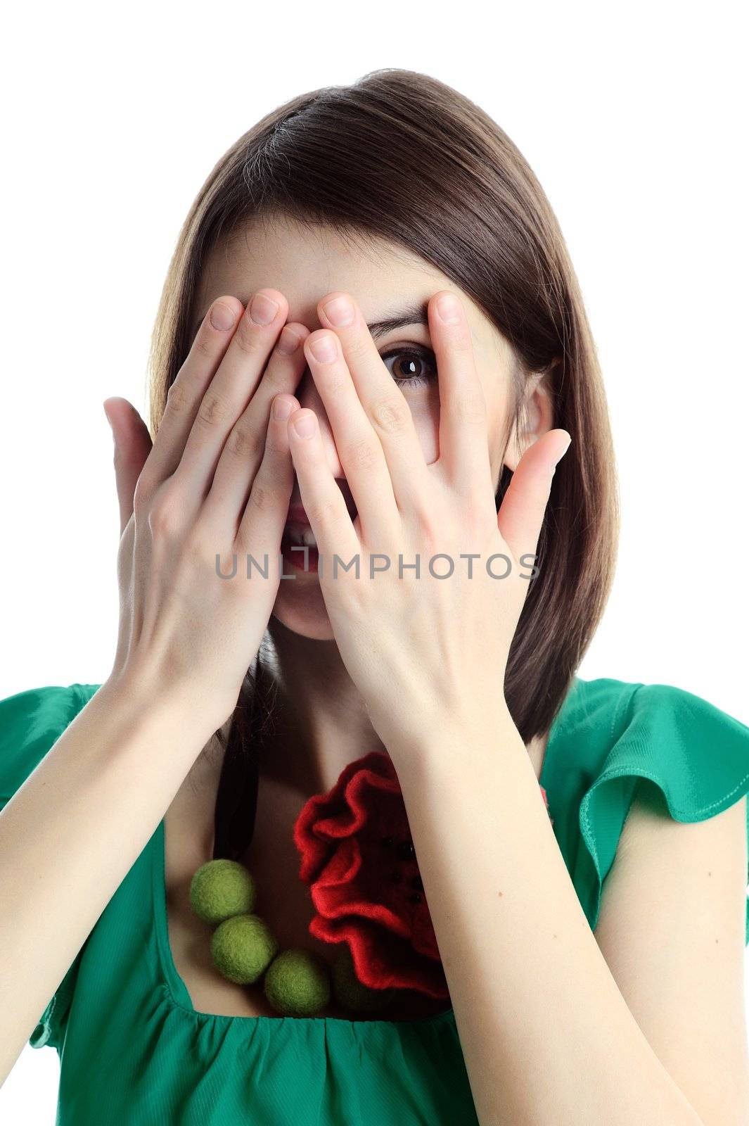 An image of young nice girl closed her face