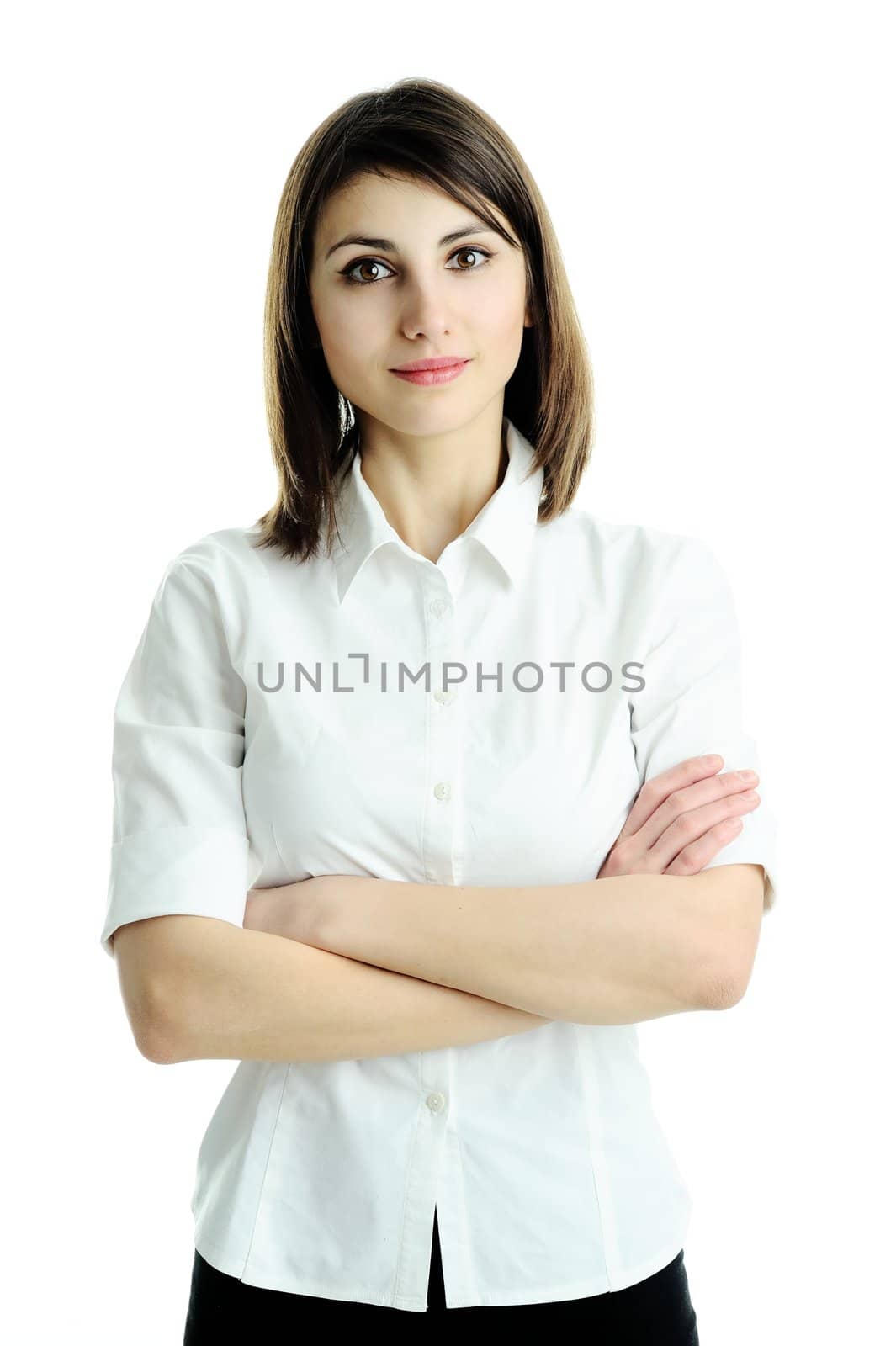 An image of a young beautiful manager in white blouse