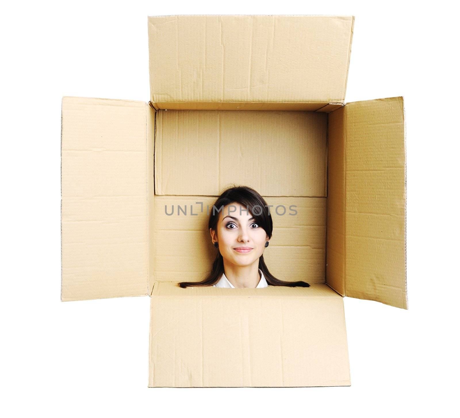 An image of young woman in a box