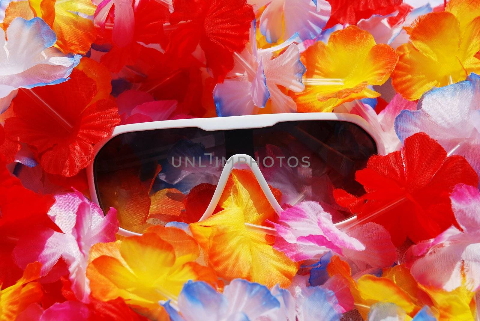 Sunglasses on flowerful lei. Celebrate your life and wear sunglasses at night