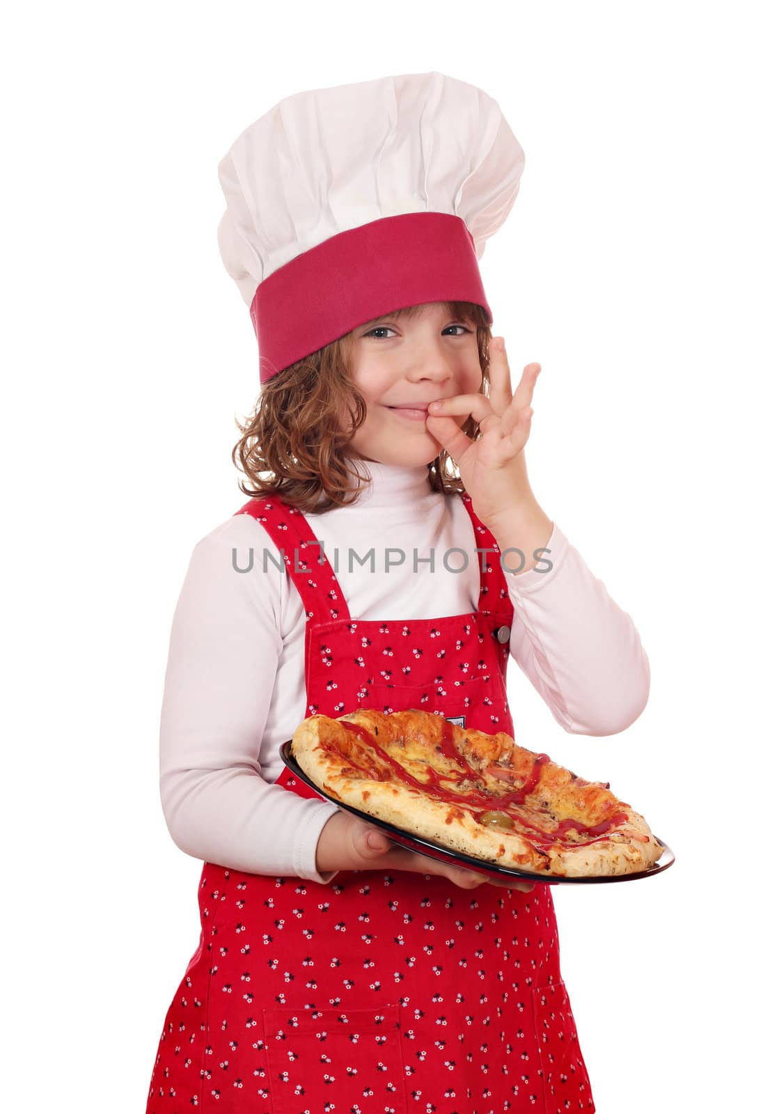 cute little girl cook with pizza on white