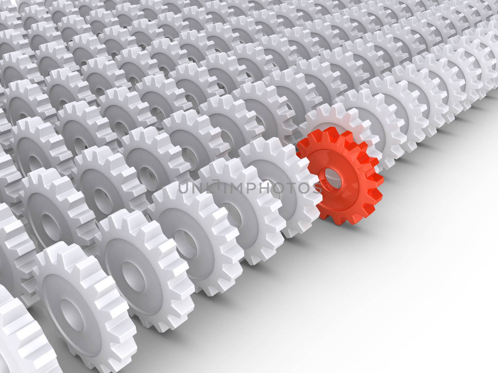 3d cogwheels in rows and one in front