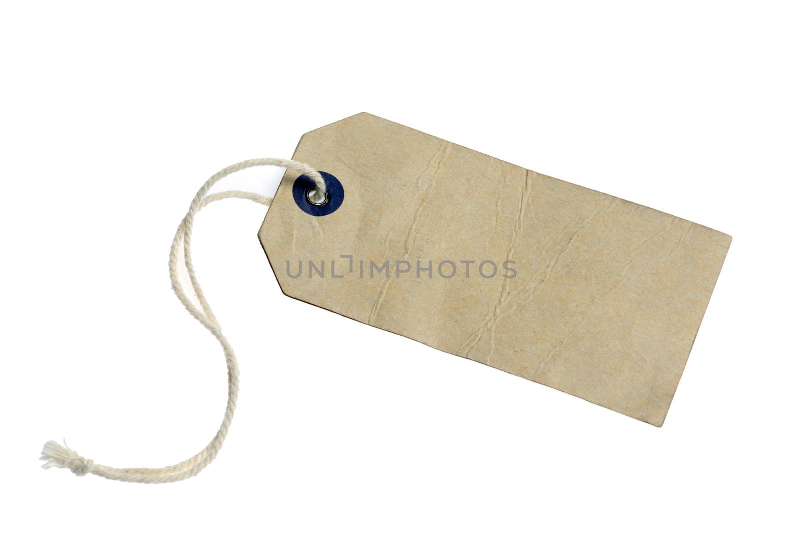 old paper label with string, isolated on the white background.