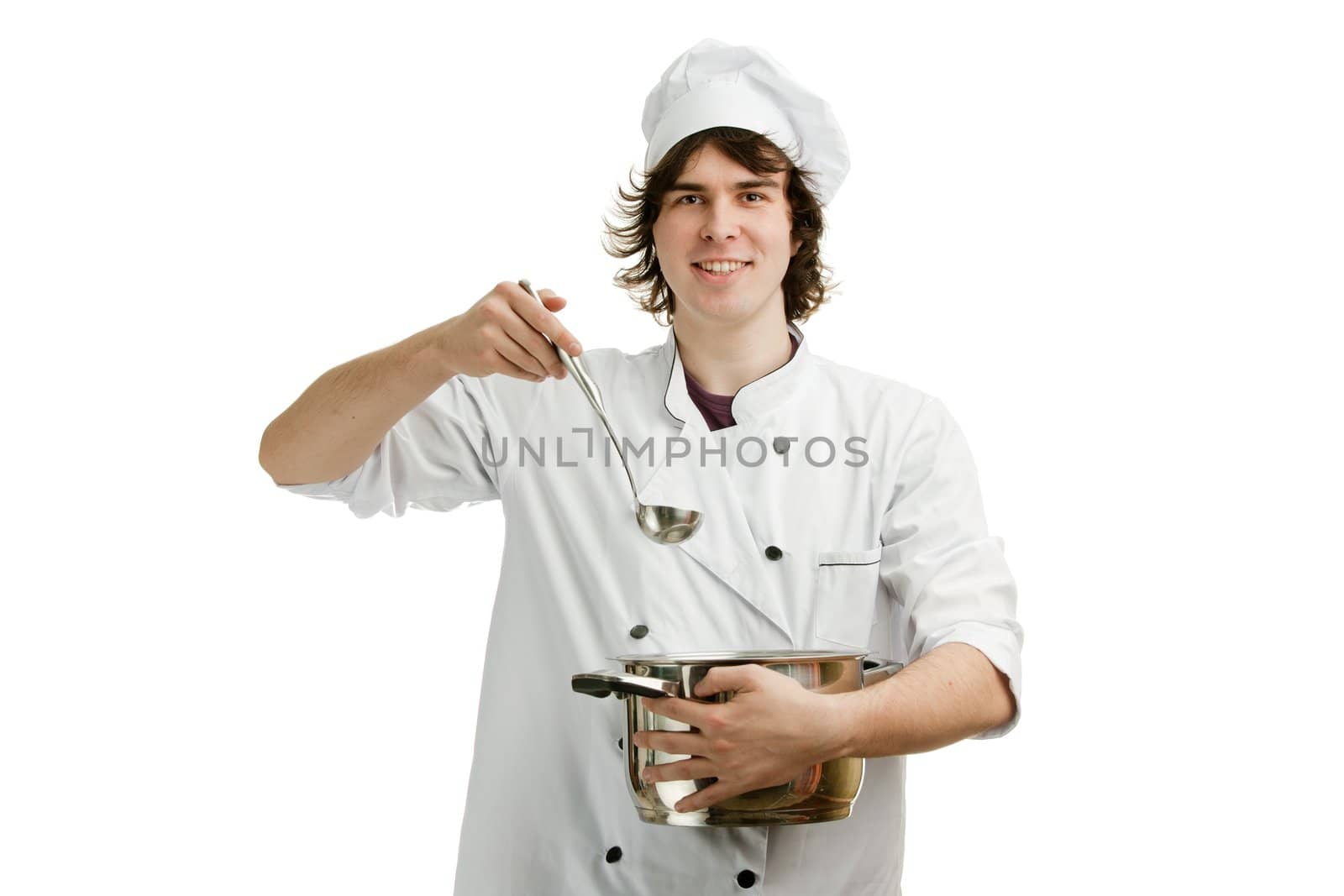 An image of a young chef with a ladle and a pan