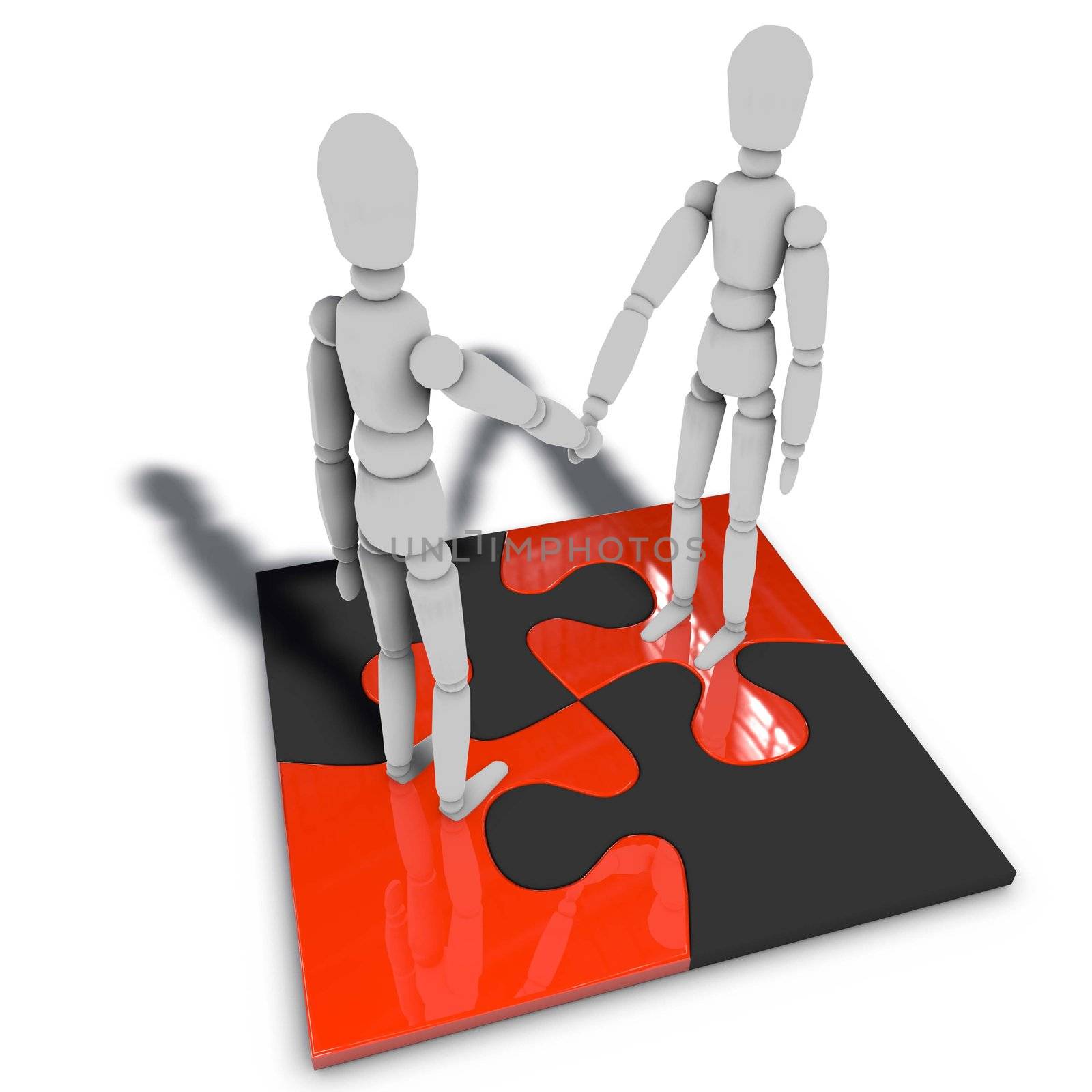 two figures are standing on a puzzle and shaking hands