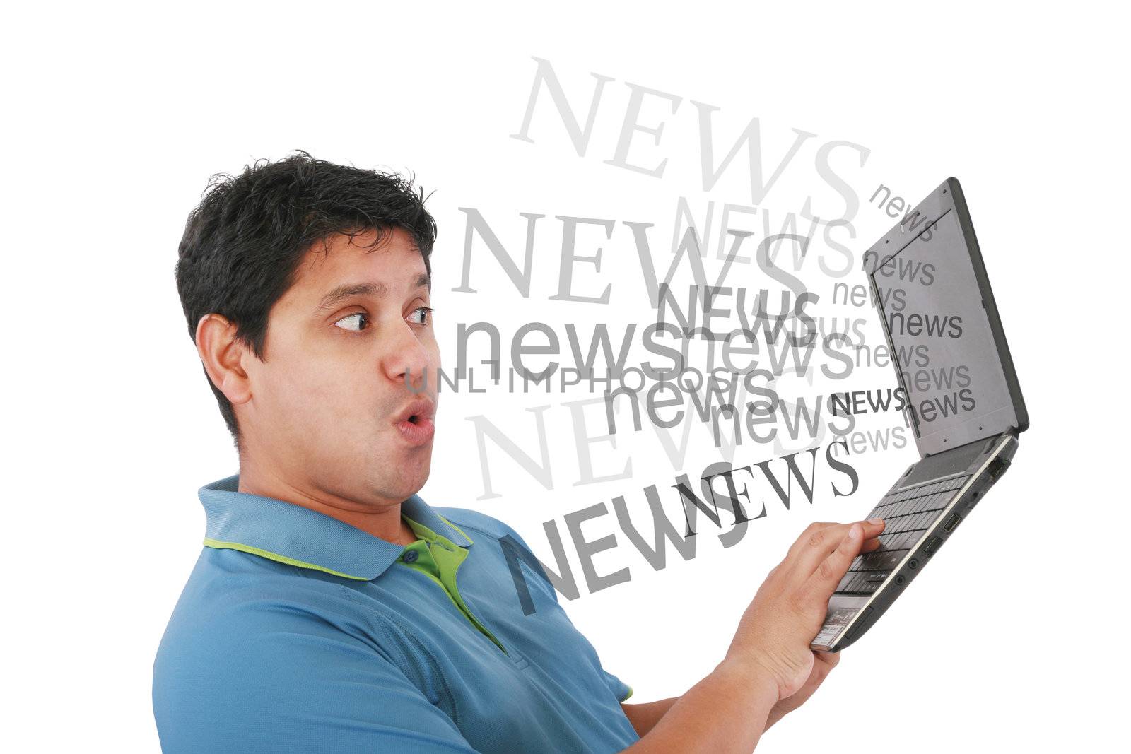 Man in laptop with the word news coming out of the screen