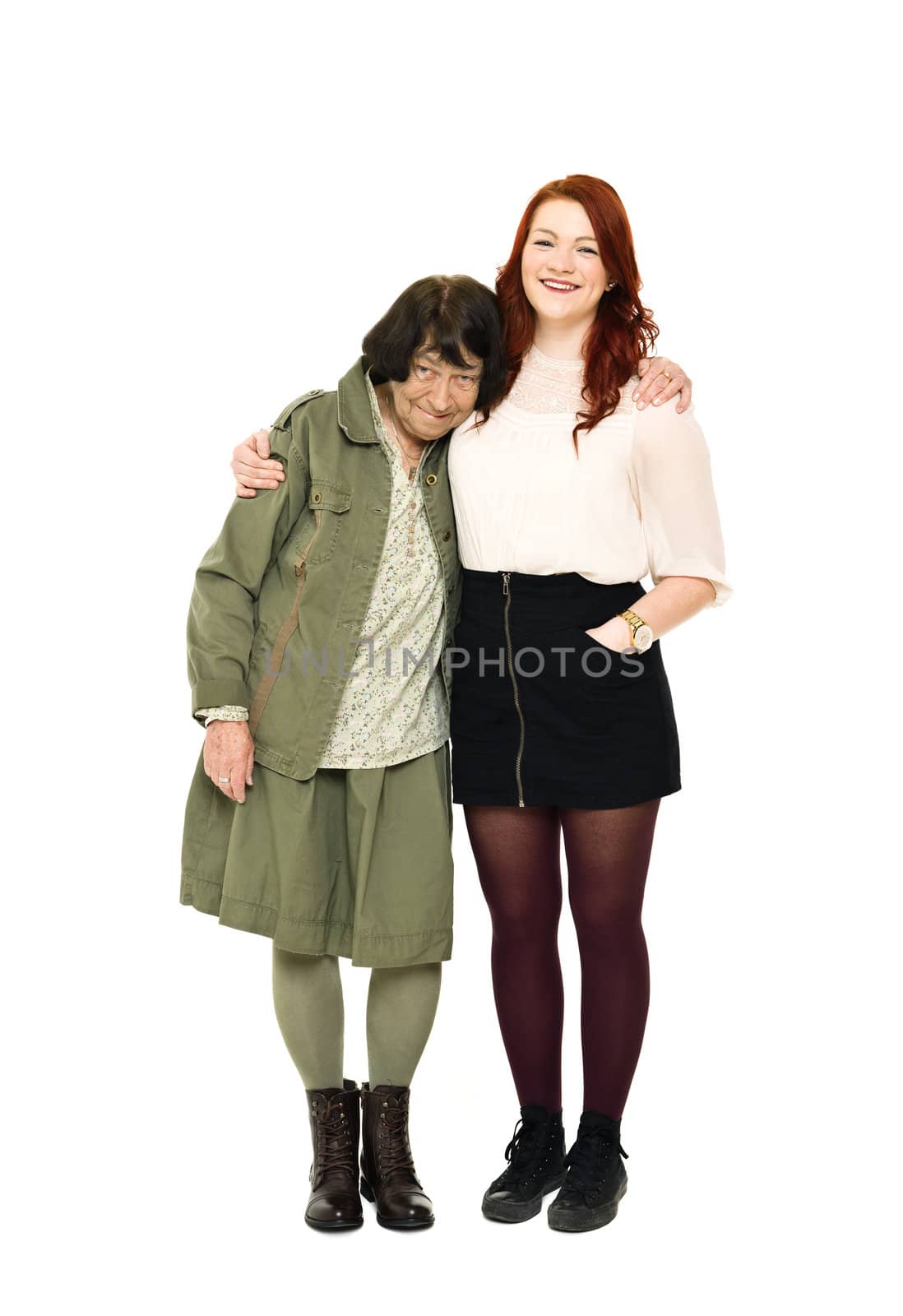 Young woman with her Grandmother isolated on white background