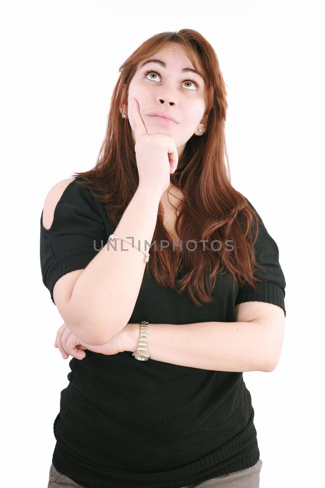 portrait of beautiful caucasian woman isolated on white studio shot looking up