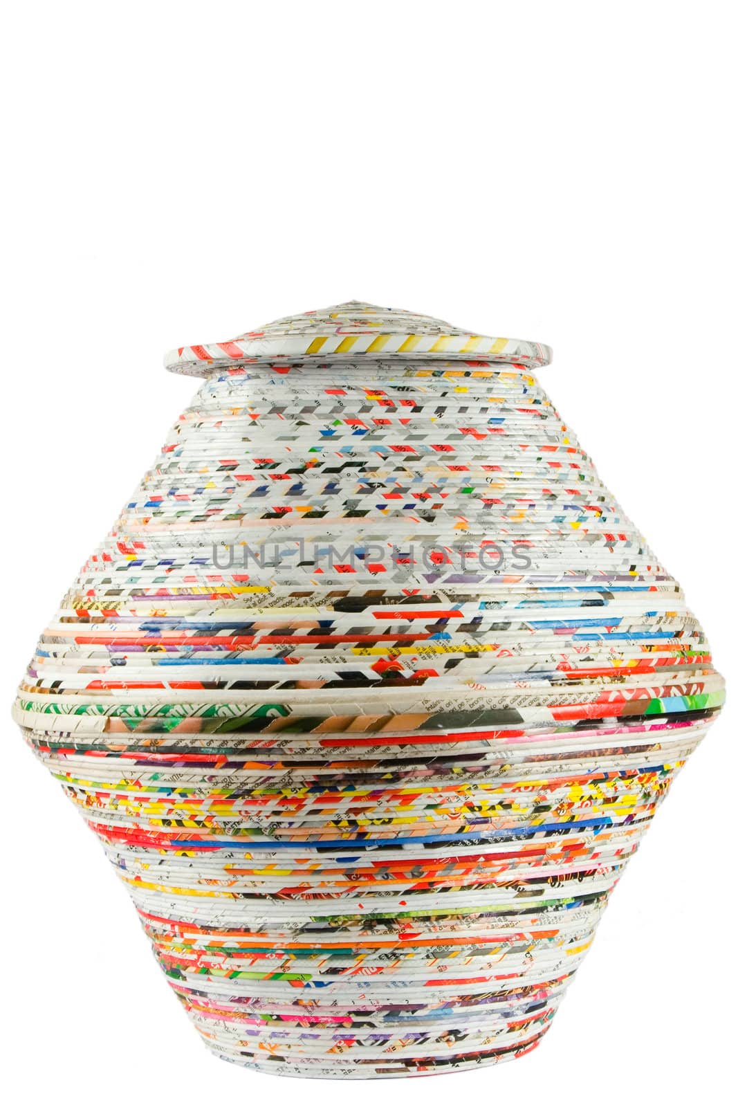 colored basket made from recycled paper on white background