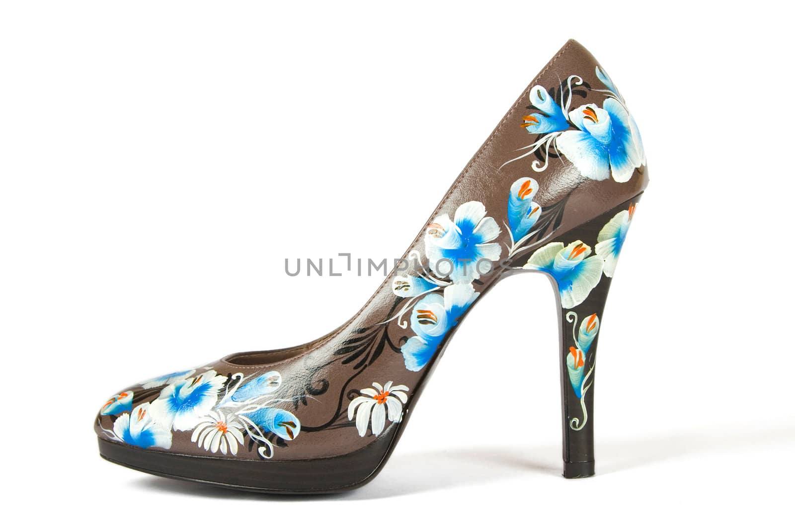 brown women high heels shoes with printed flower on white background