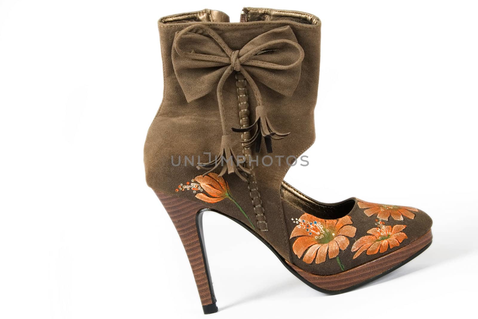 brown women high heels shoes with printed flower on white background