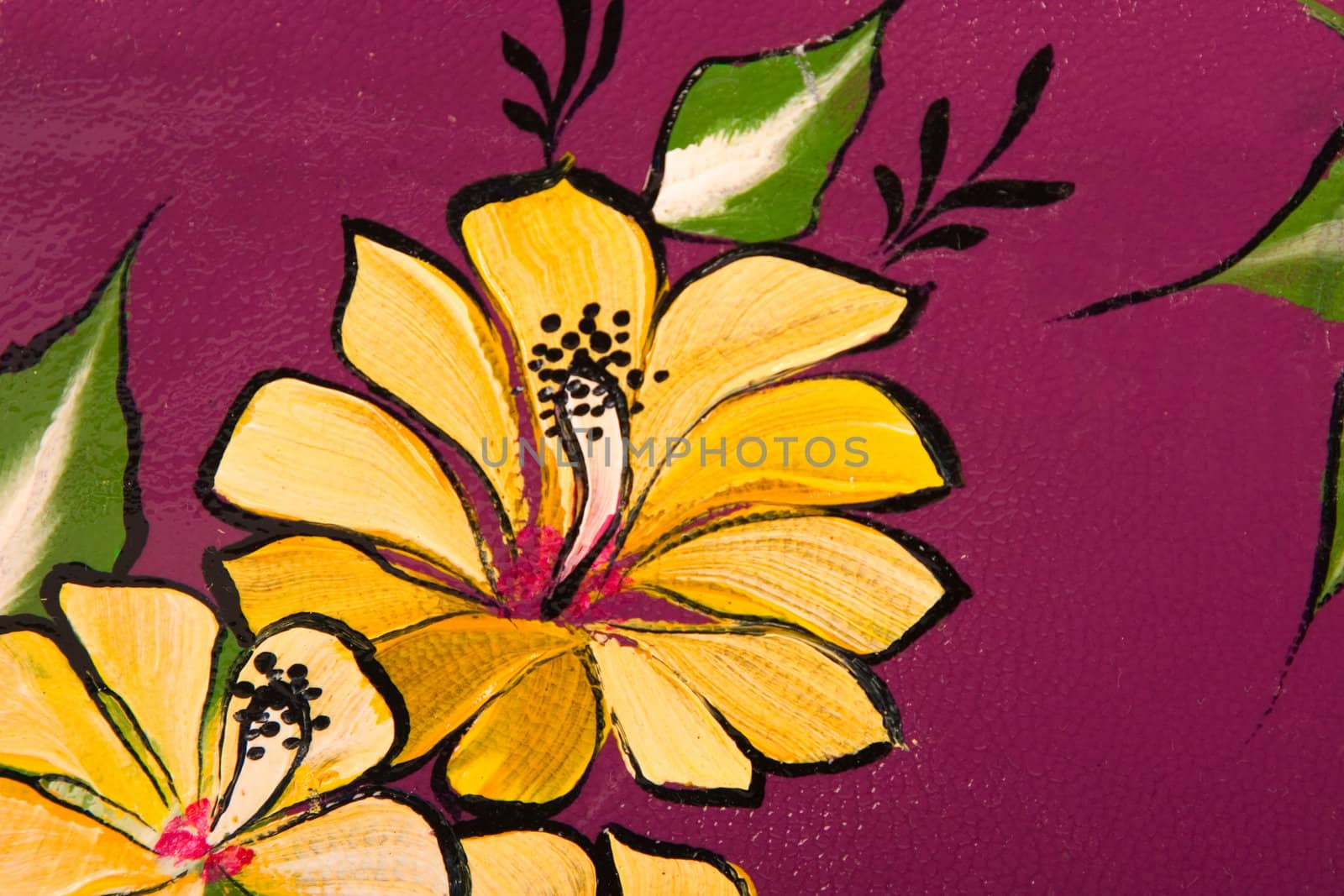 yellow flower and green leaf print on purple leather