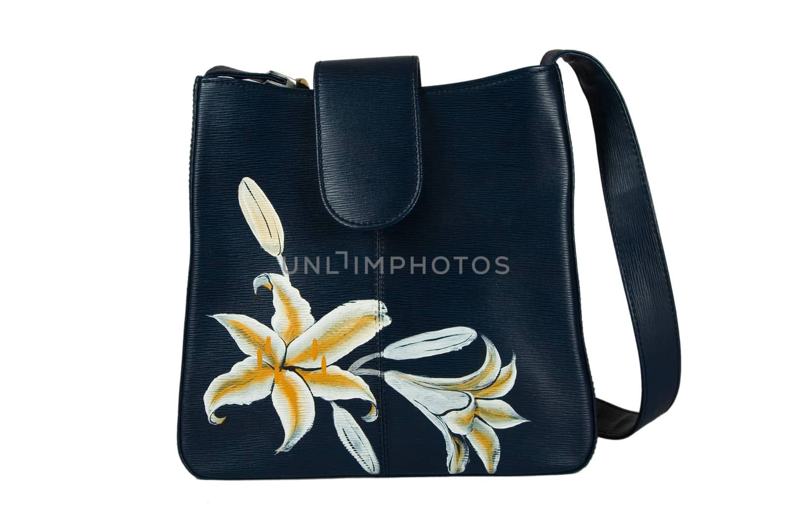 A floral pattern womens hand bag, isolated on a white background