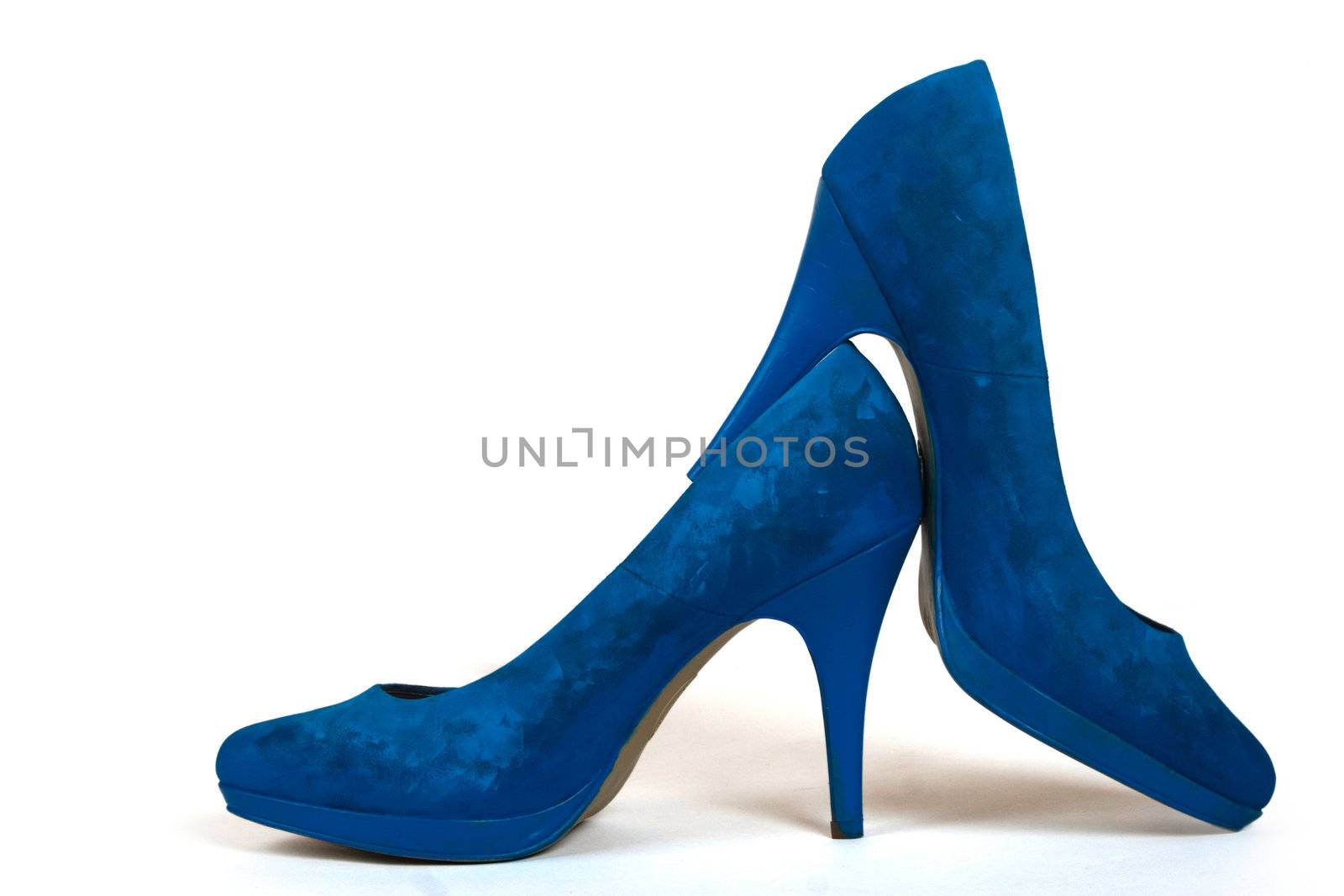 blue painted high heels shoes on white background