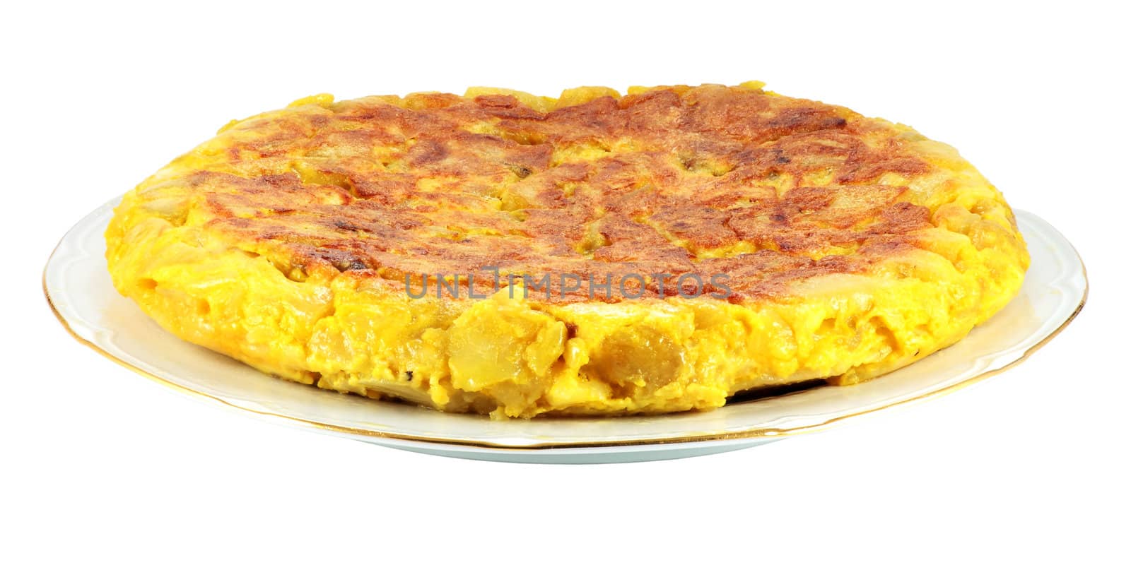 spanish omelet of potatoes cut on white background 