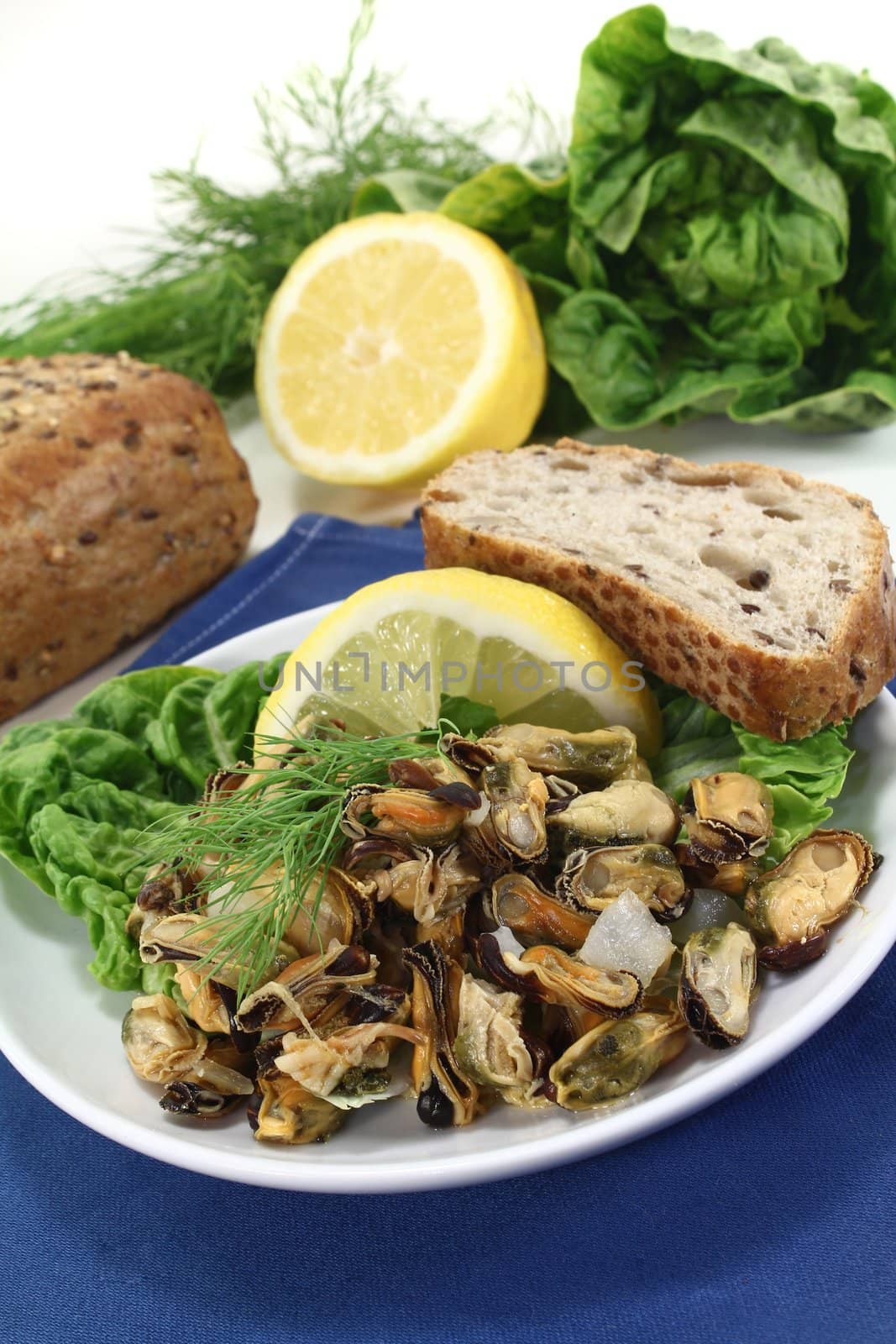 a plate of marinated mussels and dill