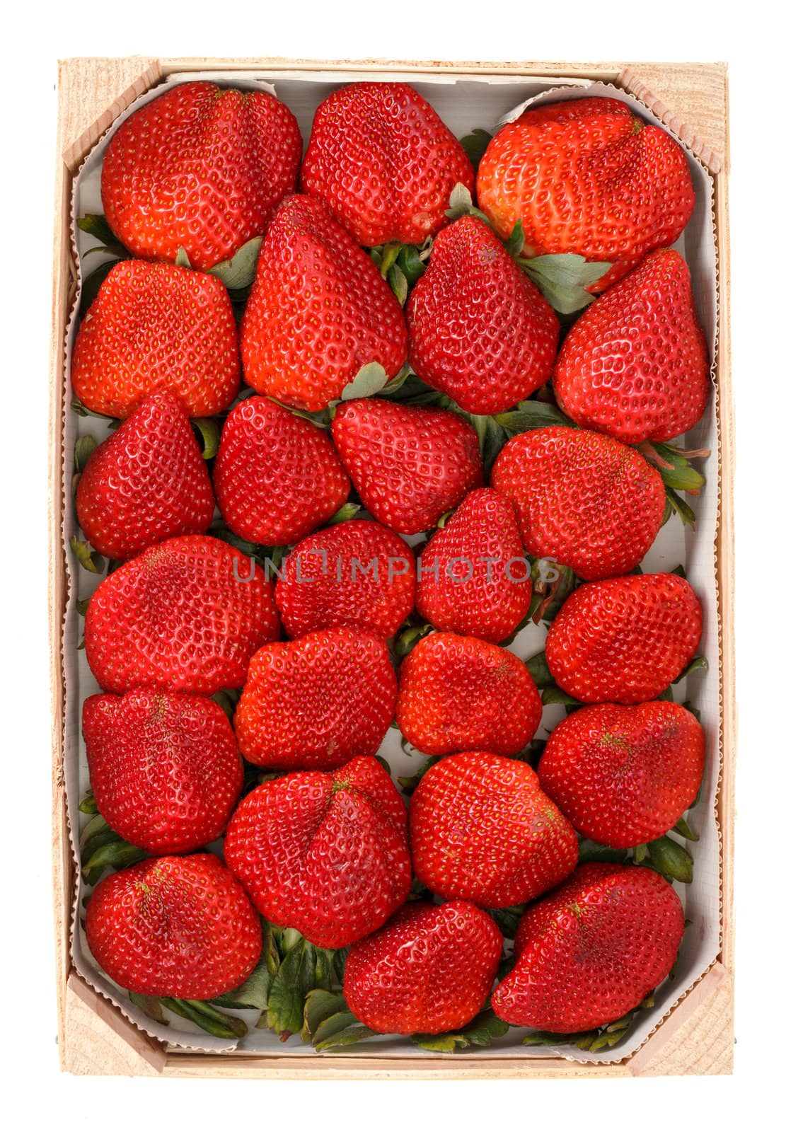Heap red strawberries in the wooden box