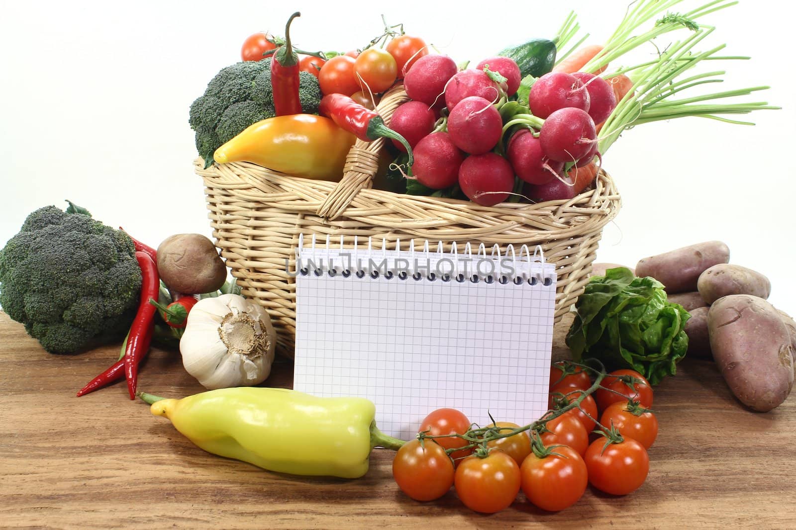 plaid shopping list with vegetables in a basket on wooden ground