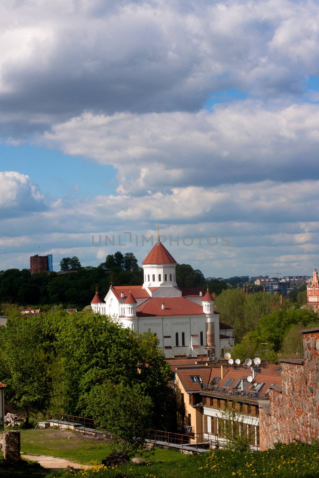 A white church and blue sky in Vilnius
