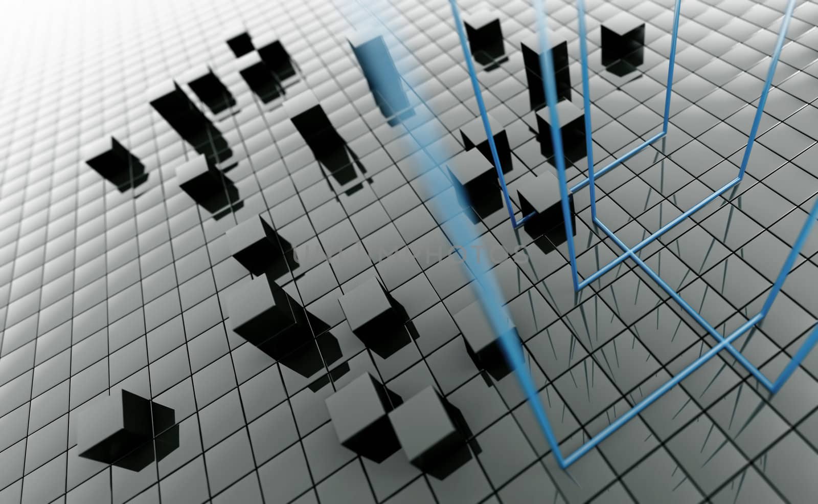 abstract background from dark metallic cubes and blue tubes
