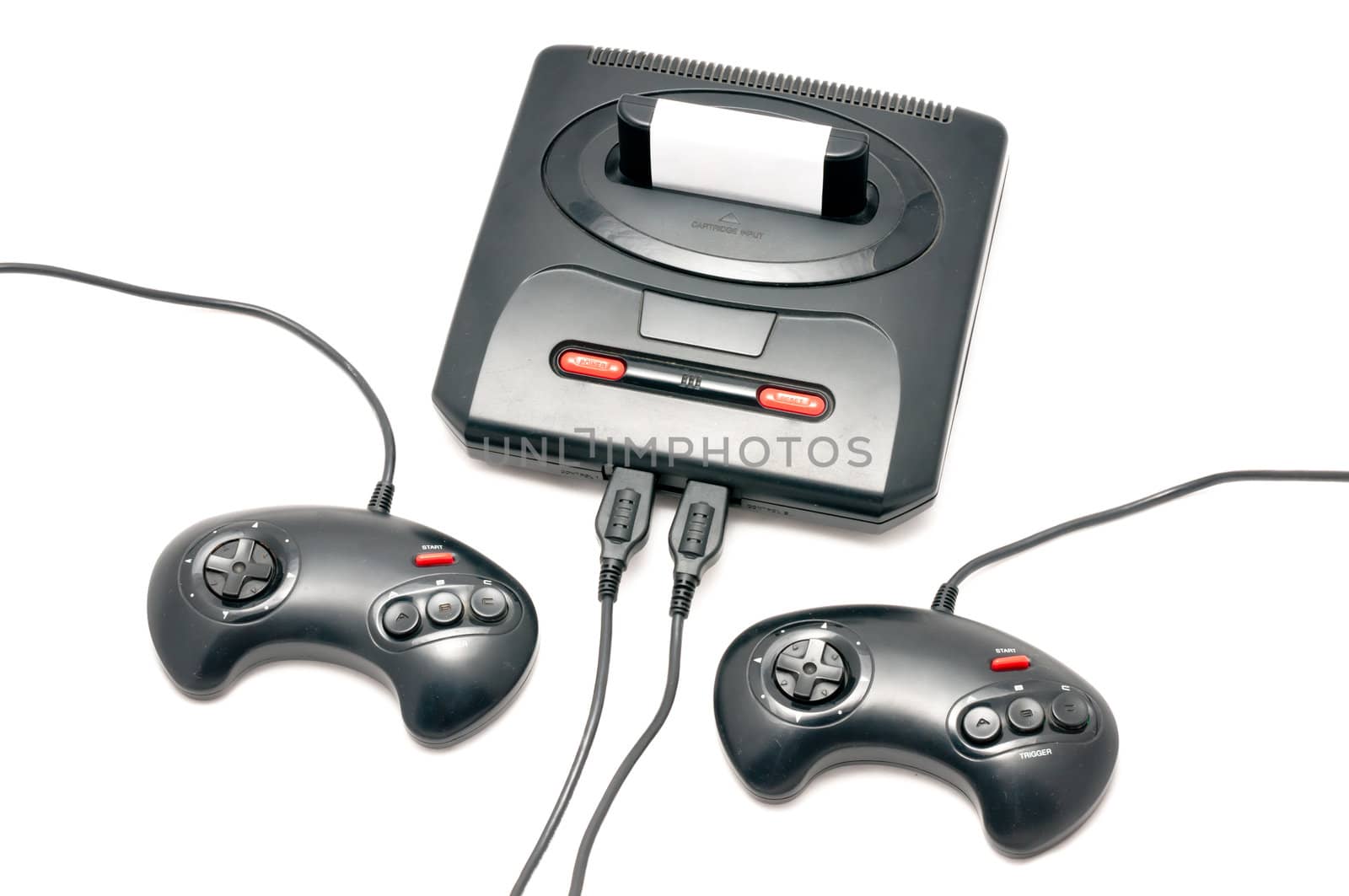 Isolated black and plastic retro console with two control pads