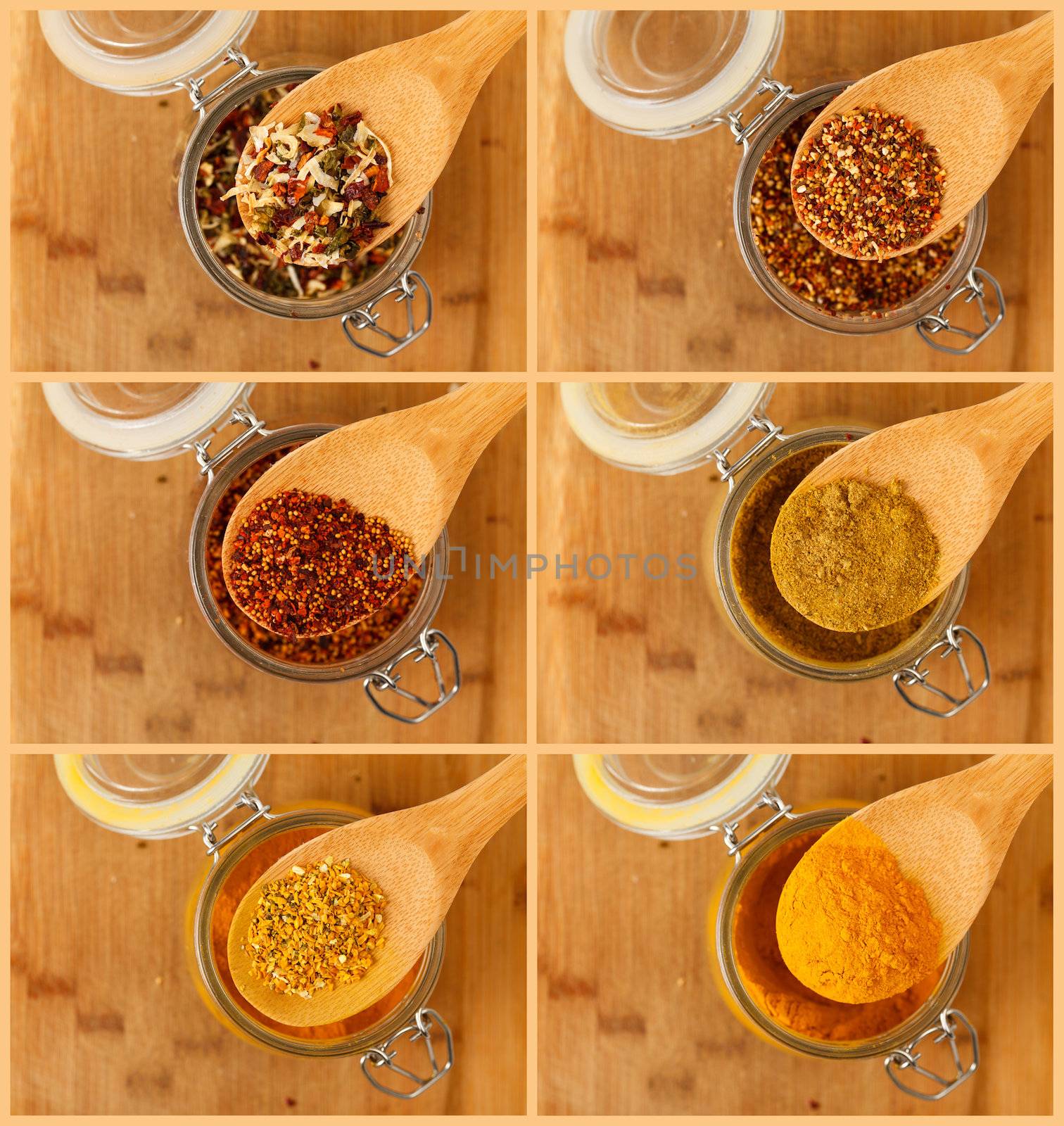 collage of mixture spice in a wooden spoon, closeup