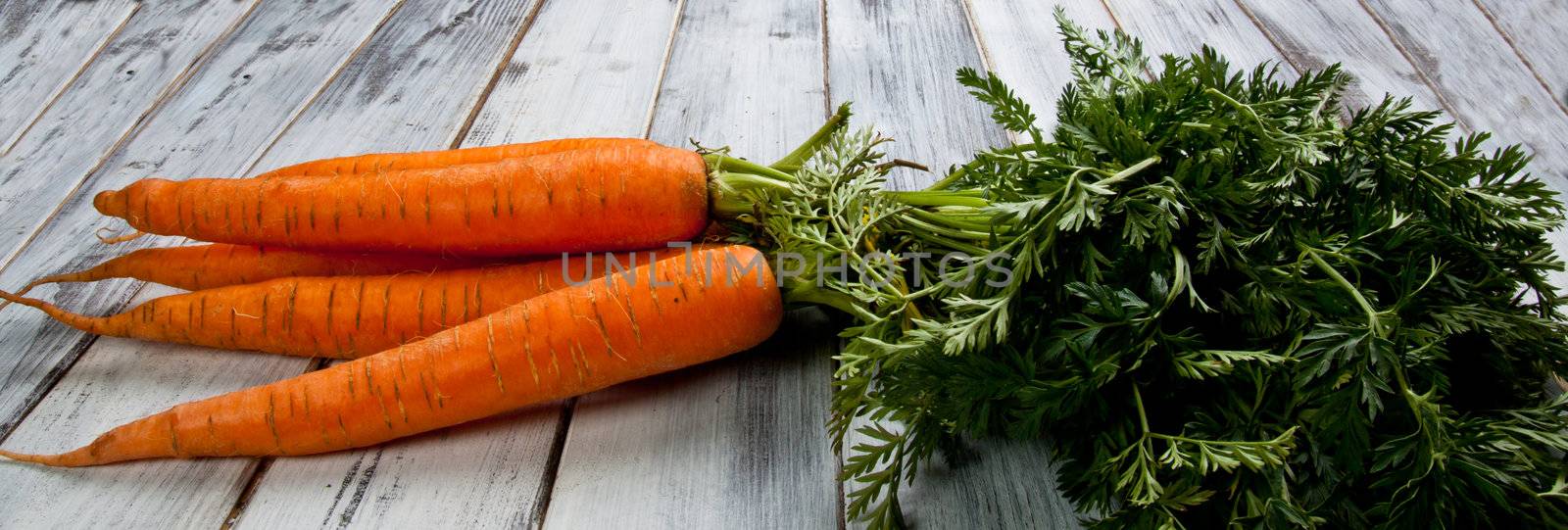 a fresh bunch of carrots on wood background