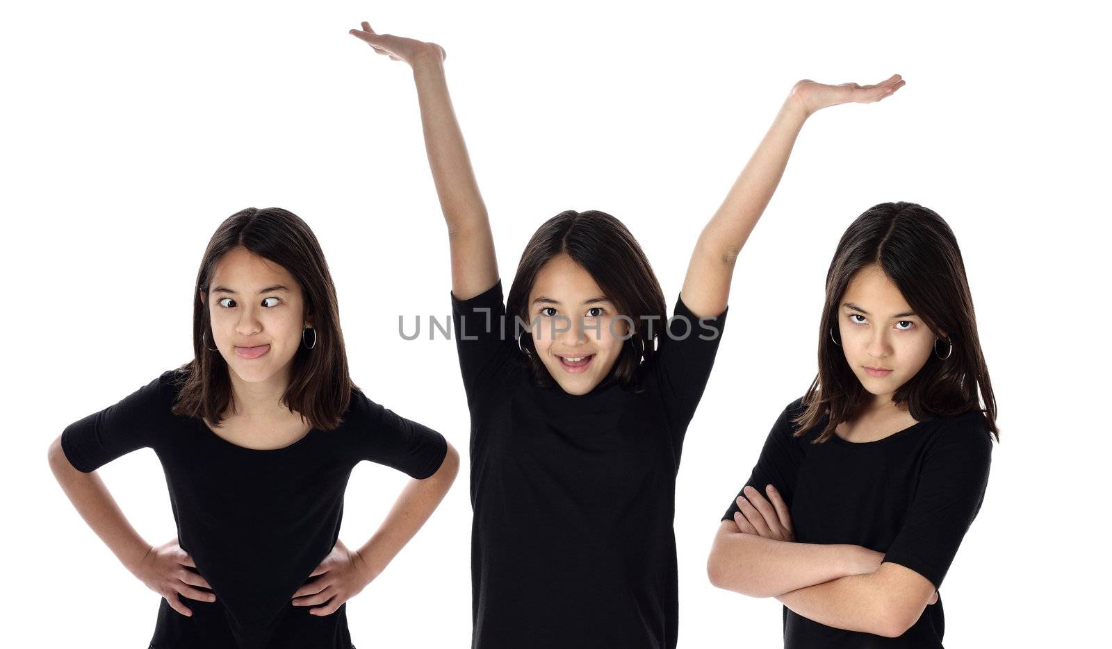 A young girl expresses various expressions of her personality